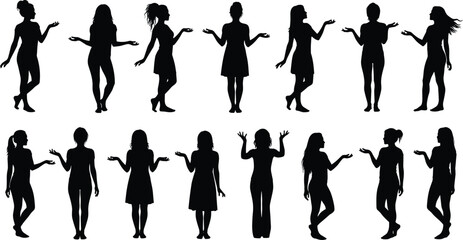 Silhouettes of fifteen women with raised arms in expressive poses, black and white illustration, gesture and posture study, individuality and emotion theme