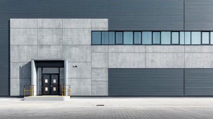 Obraz premium Modern Industrial Facade: A sleek, contemporary industrial facade, featuring a bold geometric design with concrete and steel elements, a series of windows, and a welcoming entrance. 