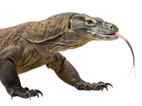 Close up isolated Komodo dragon with forked tongue out. Giant prehistoric monitor lizard reptile showing alert curious expression