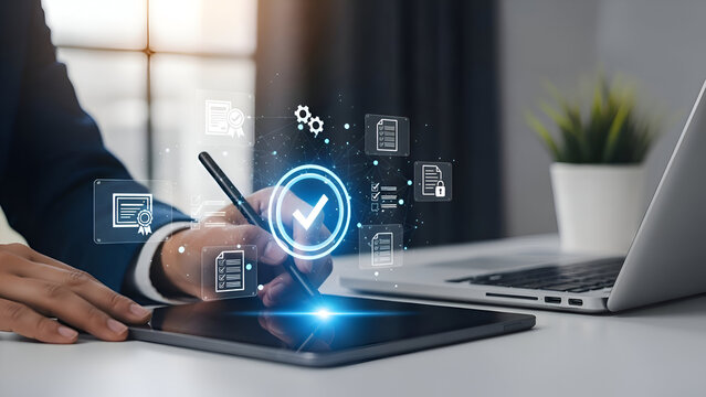 Streamline workflow with digital approval using a tablet for business management, ensuring compliance and efficiency in a modern office environment