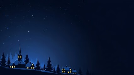 Night scene of a church and houses with trees under a starry deep blue sky illustration