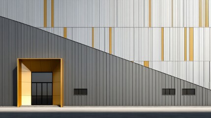Geometric Facade and Entrance: A striking building facade showcases a modern design with sleek lines and a bold geometric pattern, emphasizing a unique entrance.