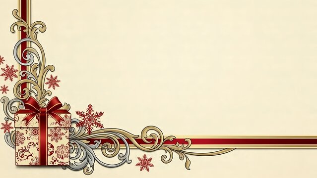 A christmas gift box with red ribbon and decorative swirls with snowflakes on a beige background