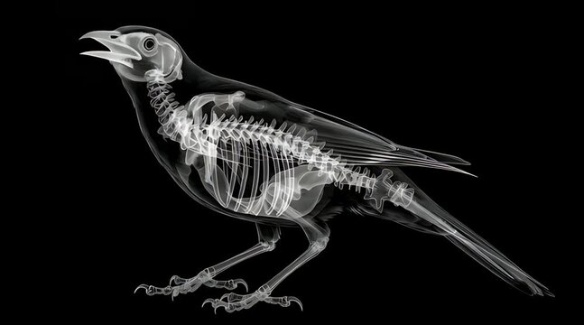 X-ray animation of a crow or raven bird skeleton calling. Side view anatomical 3D visualization of bird bones and skull isolated on black background