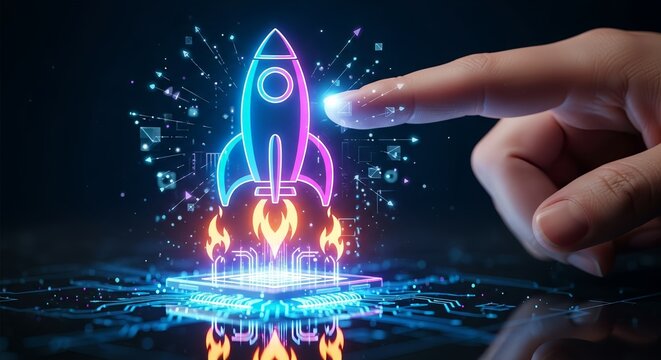 Finger touching a glowing neon rocket launching from a futuristic circuit board design