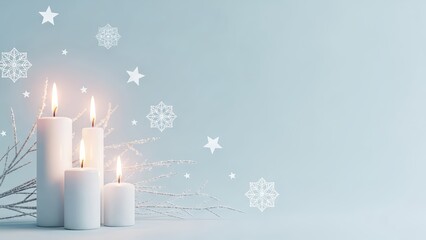 Illuminated white candles with snowflakes and stars on a light blue background scene