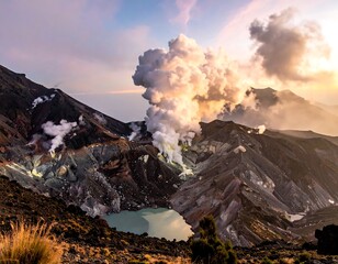 Dramatic landscape of active volcano crater, lake, and steam plumes at sunrise/sunset