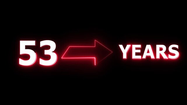 Neon count number. Count 53 -years neon sign. Neon celebrates year animation.