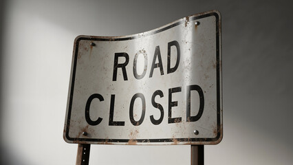 Bent metal road sign displaying "ROAD CLOSED" with rust  