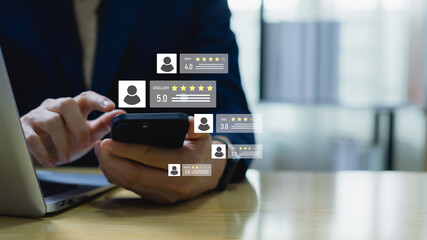 Customer satisfaction and review concept. Client using smartphone to give excellent five-star rating and feedback, symbolizing quality service, positive experience, and brand reputation management.