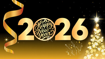 Happy new year 2026 greeting background with gold color christmas tree and ribbon decoration in winter celebration design exactly 150 char