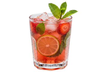 glistening strawberry mojito in a rocks glass with sharp mint, lime, and rising effervescent bubbles on a transparent high-key background. Concept for beverage advertising