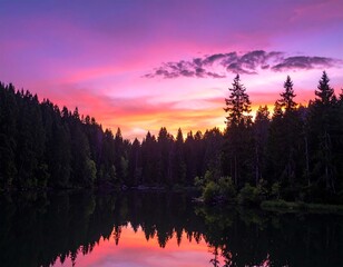 Dramatic landscape shows colorful sunset over a dark lake surrounded by forest trees