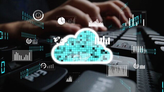 This image depicts the concept of digital transformation with hands typing on a keyboard surrounded by graphical elements representing cloud computing and data analysis. Xenic