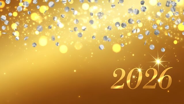 Golden background with bokeh lights and silver confetti celebrating the year of twenty twenty six