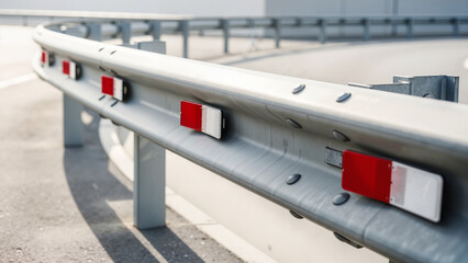 Crash barrier with reflectors in urban environment under sunlight  