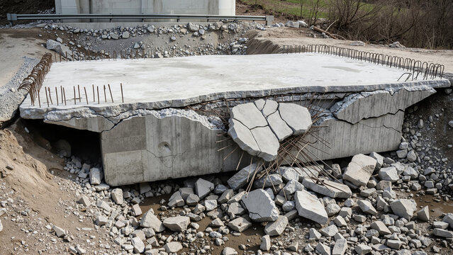 Cracked bridge foundation with exposed rebar and damaged concrete  