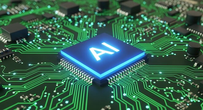 Closeup of a modern computer chip with the letters ai on it, representing the concept of artificial intelligence and machine learning in technology