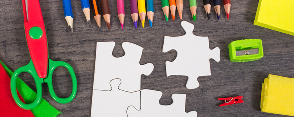 Stationery accessories and school supplies. Learning, developing creativity. Kids motor skills