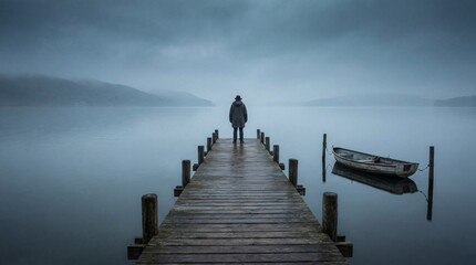 Obraz premium A solitary figure stands at the end of a misty wooden pier extending into calm waters with a small boat tied nearby