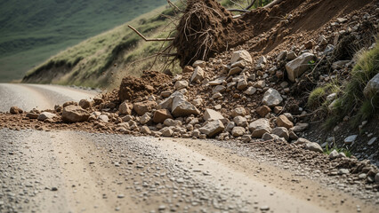 Dirt road landslide with rocks obstructing path in rural landscape  