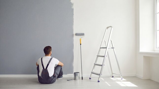 Person sitting on floor admiring freshly painted wall with roller and ladder nearby