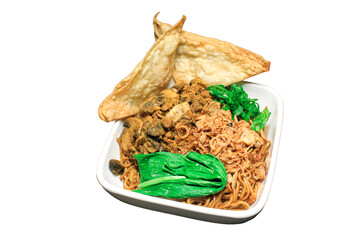 Authentic Indonesian Chicken Noodle with Crispy Wontons and Mushrooms