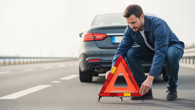 Man placing triangle sign on highway beside parked car  