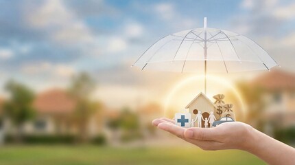 A hand holding an umbrella over a miniature house with symbols representing health, family, finance, and home insurance