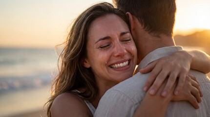 A joyful couple embracing at sunset by the beach with tears of happiness