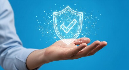 A glowing shield with a checkmark hovers above an outstretched hand, symbolizing security, protection, and trust in a digital world