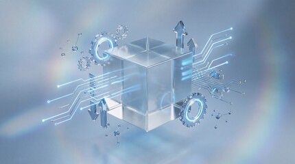 Futuristic digital cube with interconnected gears, circuit patterns, and directional arrows in a blue gradient background