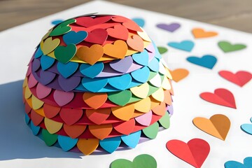 A colorful globe made of paper hearts