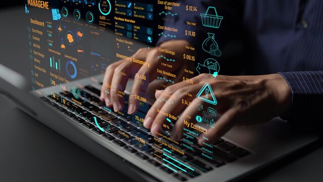 Inventory management dashboard showing supply chain performance, stock levels, order cycle times, cost reduction, and procurement ROI. Inventory tracking, and streamline warehouse efficiency. Thunk