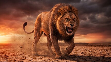 Majestic lion walking across a dry savanna at sunset with an intense expression and flowing mane