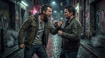 Obraz premium Two men in a tense confrontation on a rainy night in an alley covered with graffiti