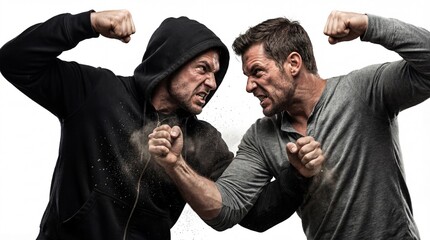 Two men in intense fistfight with clenched fists and aggressive expressions