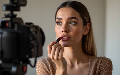 Charming female influencer in elegant wear applying lipstick while looking at camera making a tutorial recording video on professional camera. High quality