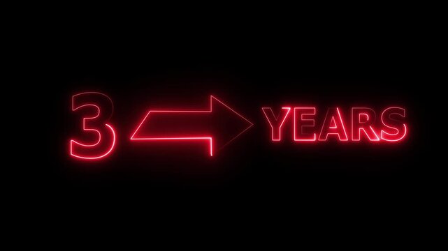 Neon count number. Count 3 -years neon sign. Neon celebrates year animation.