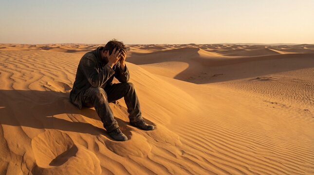 Person sitting on sand dunes in vast desert landscape at sunset - Powered by Adobe