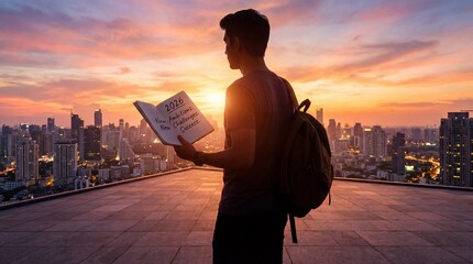 Person standing on rooftop at sunset with cityscape background holding notebook titled 2026 New Ambitions New Challenges Success