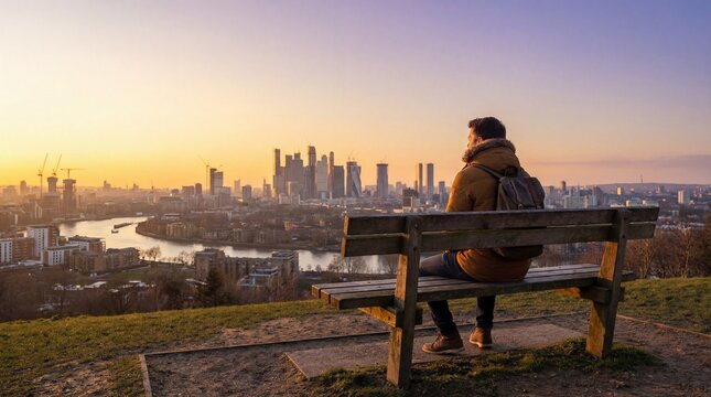Person sitting on a bench overlooking a city skyline at sunset with a river and buildings in the background