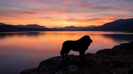 Silhouette of a lion standing on rocks at sunset over a calm lake with mountain backdrop