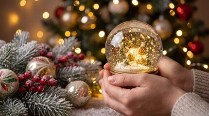 A close-up view of a hand holding a sparkling snow globe with a miniature winter scene inside, surrounded by festive holiday decorations and twinkling lights