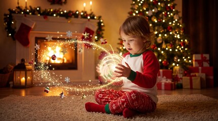 Child sitting on a cozy rug holding a glowing orb surrounded by magical Christmas decorations and twinkling lights