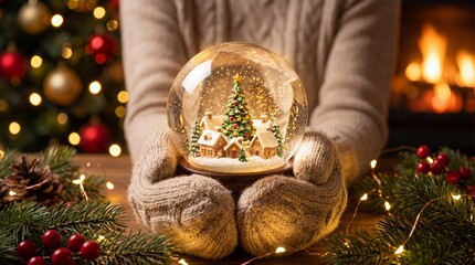 Cozy hands holding a snow globe with a winter village scene surrounded by festive holiday decorations