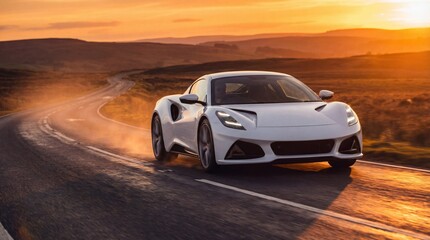 White sports car speeding on a winding road during sunset in a scenic mountainous landscape