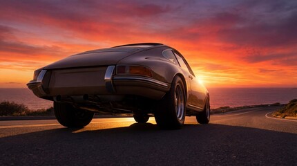 Classic car driving along coastal road at sunset with vibrant sky and ocean view