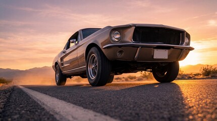 Classic car driving on a desert road at sunset with mountains in the background