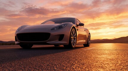 Sleek silver sports car driving on a road during a vibrant sunset with mountains in the background